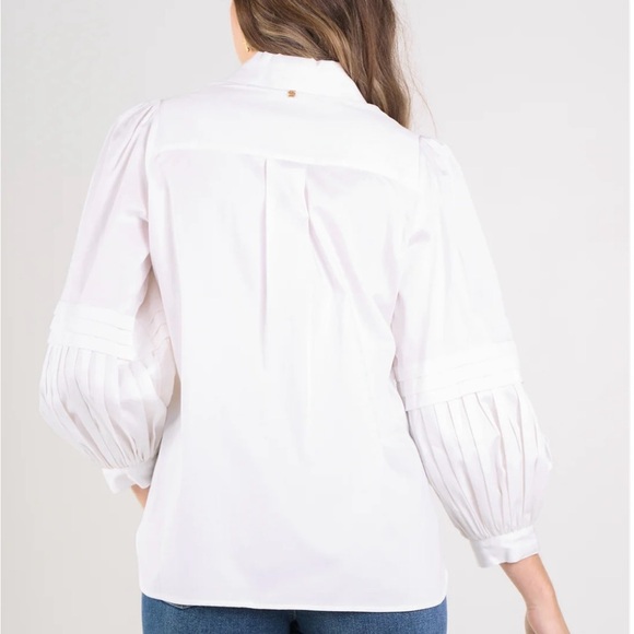 White 3/4 Sleeve Button Down Shirt with Pleated Design - Picture 3 of 16